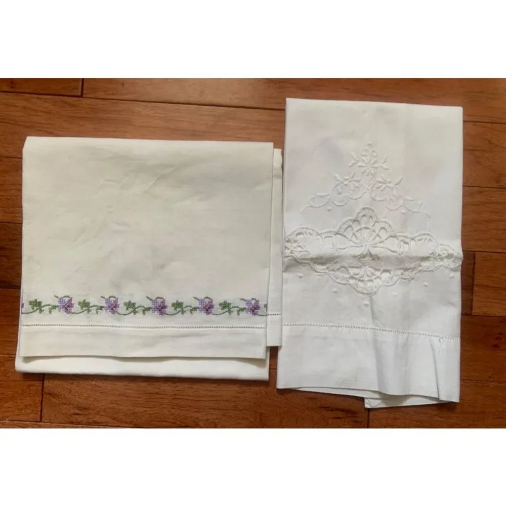 Vintage Embroidered & Cutwork Hand Towels Purple Violets Floral Cotton 17x31 14x
